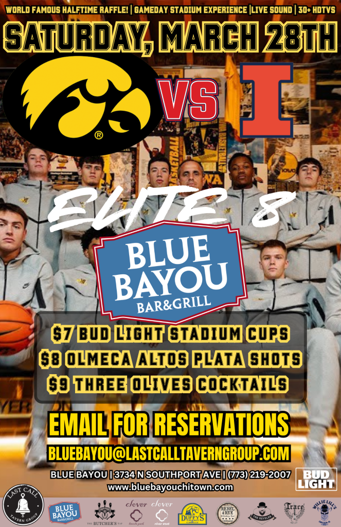 Iowa vs. Illinois Elite 8 Watch Party at Blue Bayou on Saturday, March 28th